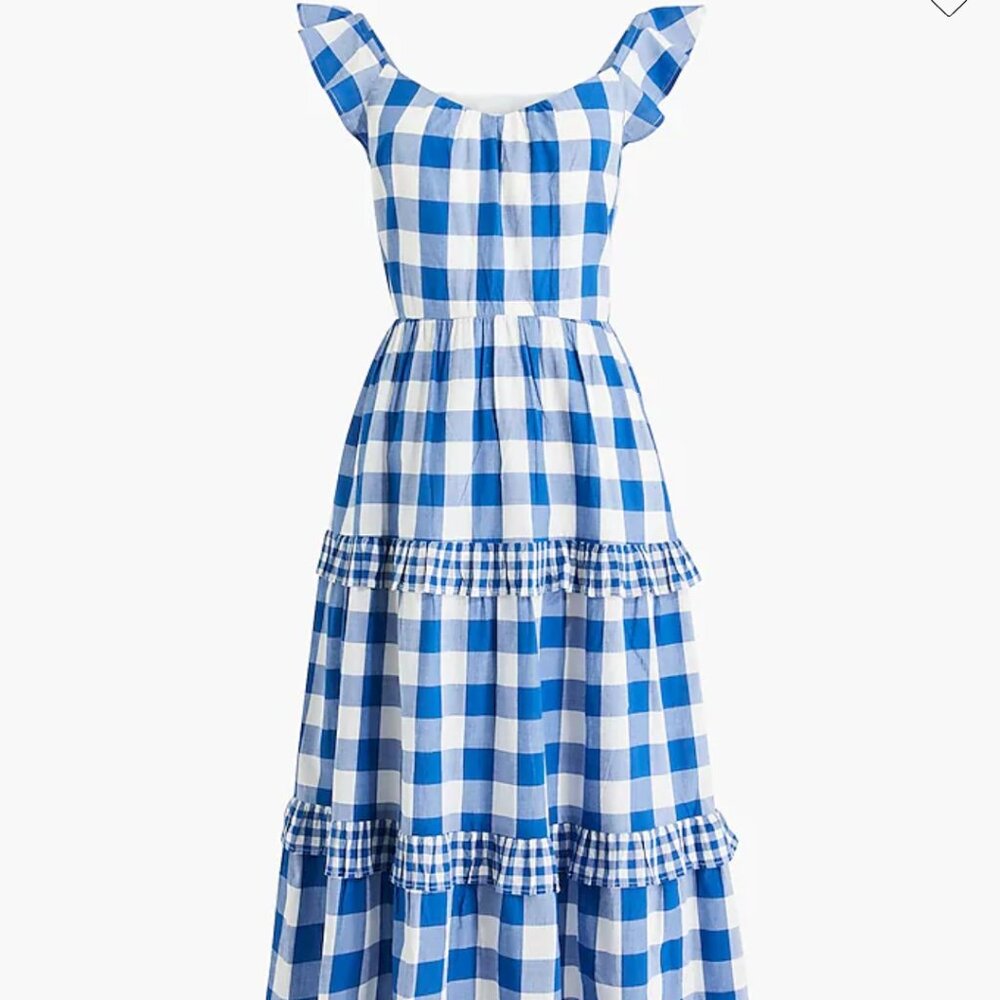 J.Crew Factory Flutter Sleeve Ruffle Tiered Midi Dress in Blue Gingham Size XS